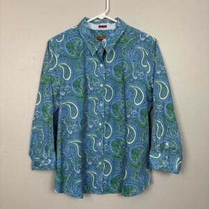 Talbots Top 16 Blue Haberdashery Button Front Shirt Wrinkle Resistant Paisley